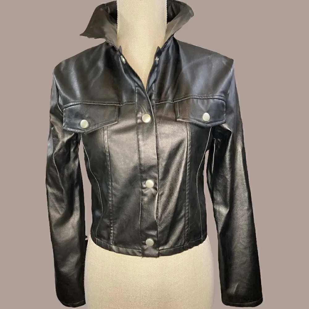 Black Faux Leather Cropped Button Down Lightweight Jacket